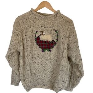 Womens Pure New‎ Wool Chunky Cable Cream Sweater Sheep Design Size Large Vintage